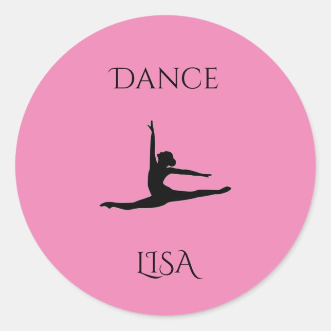 Dance pink round stickers. Personalise name. Classic Round Sticker (Front)