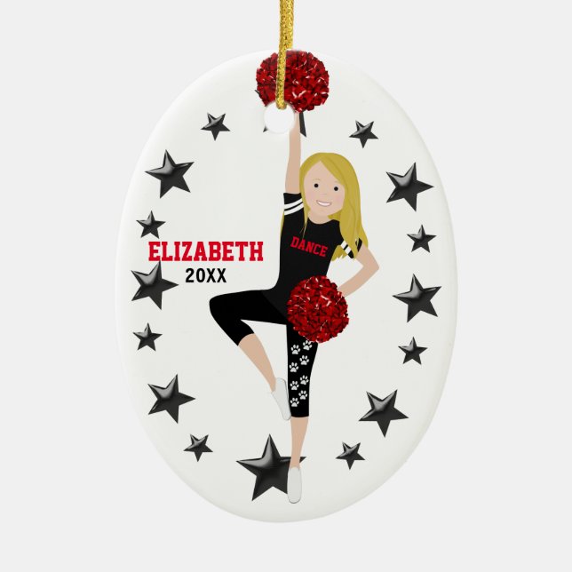 Dance Pom Girl Blonde Black and Red Ceramic Tree Decoration (Front)