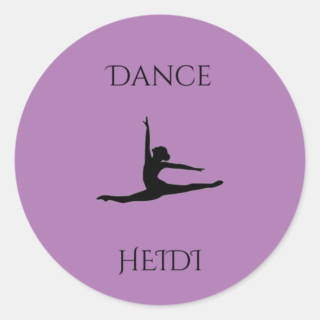 Dance purple round stickers.  Personalise name. Classic Round Sticker (Front)