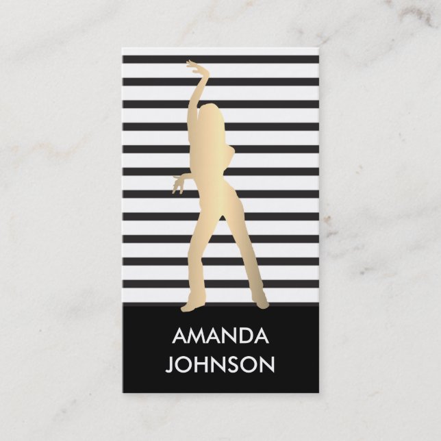 Dance School Black White Stripes QR Code Gold Business Card (Front)