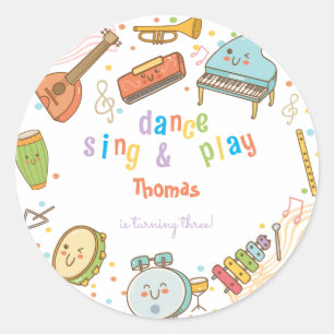 Dance sing and play kids birthday classic round sticker