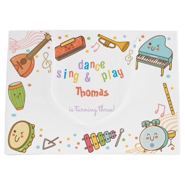 Dance sing and play kids birthday large gift bag (Front)