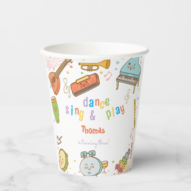 Dance sing and play kids birthday paper cups (Front)