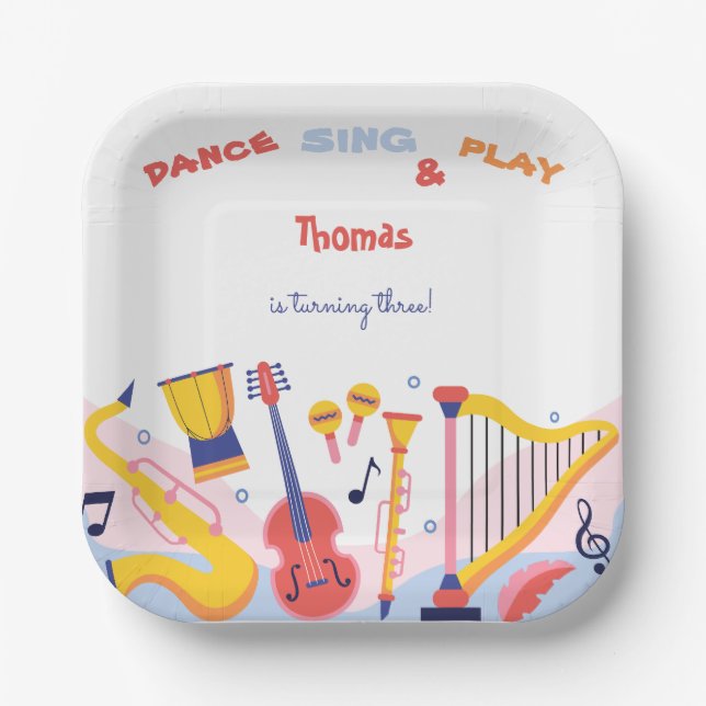 Dance sing and play kids birthday paper plate (Front)