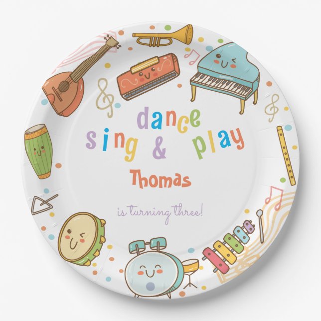 Dance sing and play kids birthday paper plate (Front)