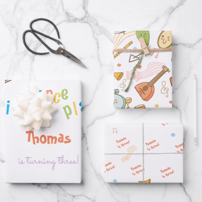 Dance sing and play kids birthday wrapping paper sheet (Front)