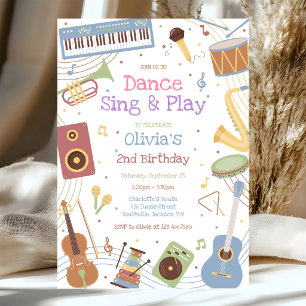 Dance Sing Play Musical Instrument Birthday Party  Invitation