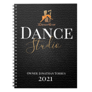 Dance studio, personalised black leather script notebook