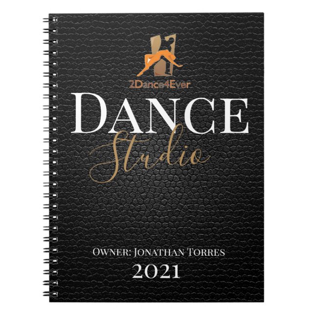 Dance studio, personalised black leather script notebook (Front)