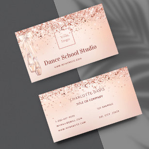 Dance studio school rose gold pink glitter logo business card