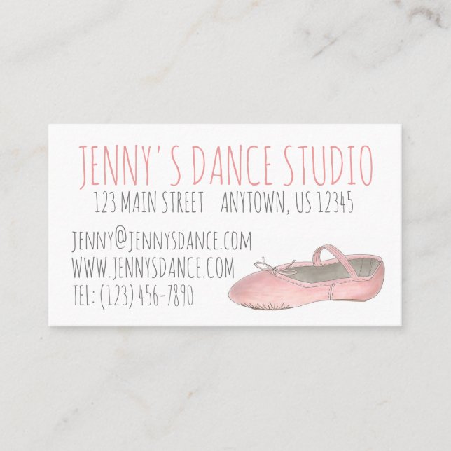 Dance Studio Teacher Pink Ballet Shoe Ballerina Business Card (Front)