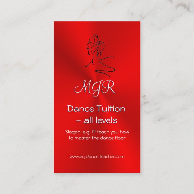 Dance Tutor, Monogram, Dancers Logo on Red Business Card (Front)