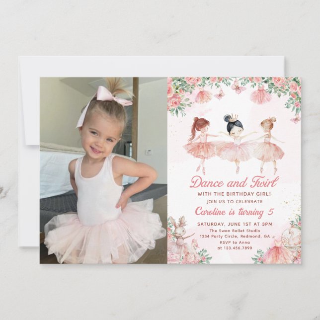 Dance & Twirl Ballerina Girl Birthday Photo Invitation (Front)