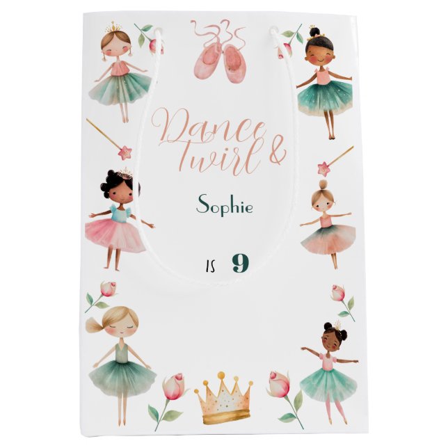 Dance & twirl girl birthday party medium gift bag (Front)