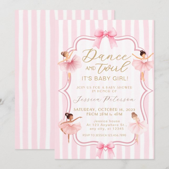 Dance & Twirl Pink Ballerina Ballet Baby Shower Invitation (Front/Back)