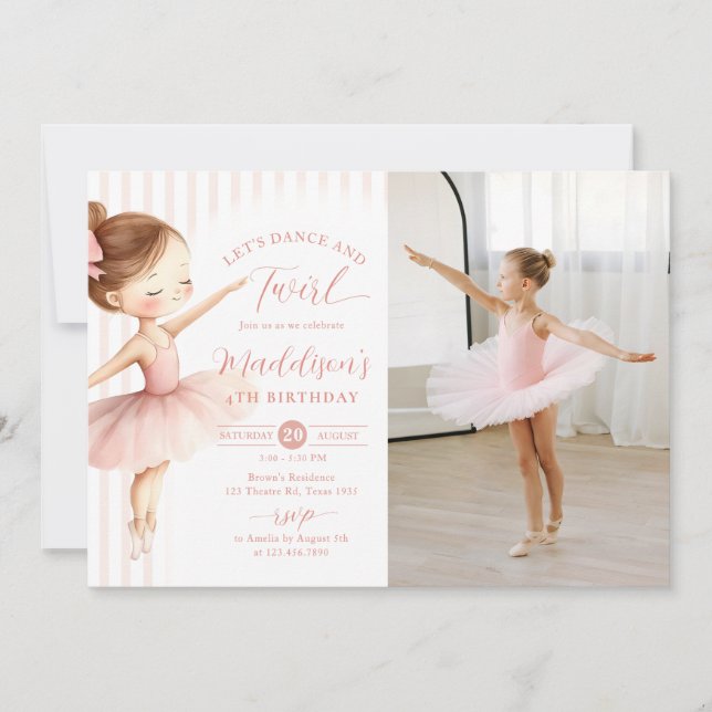 Dance & Twirl Pink Ballerina Ballet Birthday Photo Invitation (Front)