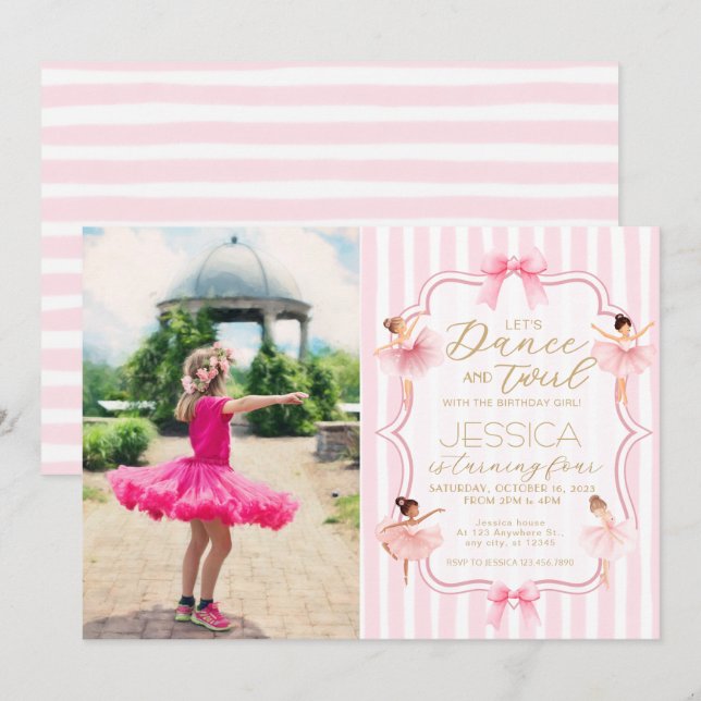 Dance & Twirl Pink Ballerina Photo Birthday Party Invitation (Front/Back)