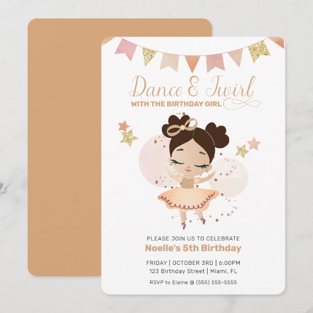 Dance & Twirl, Princess Ballerina w/Bow Birthday Invitation (Front/Back)