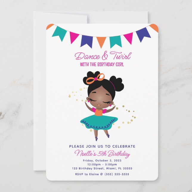 Dance & Twirl, Princess Ballerina w/Bow Birthday Invitation (Front)