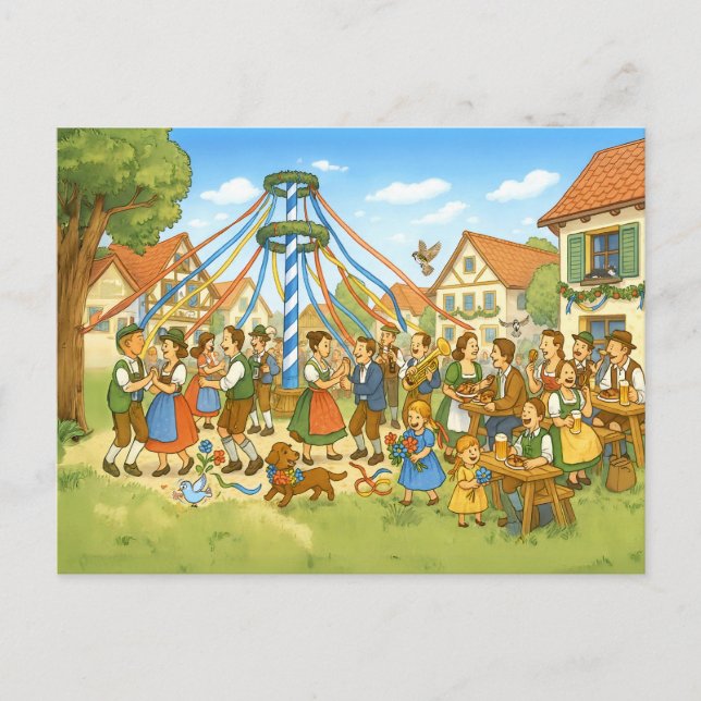 Dance Under Maypole in bavarian village Holiday Postcard (Front)