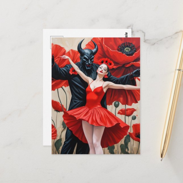 Dance With a Dark Demon Lady in a Red Dress Postcard (Front/Back In Situ)