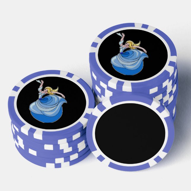 Dancer in blue dress on black poker chips (Stack)