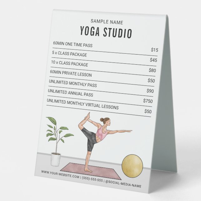 Dancer Pose Woman Custom Yoga Studio Price List (Front)
