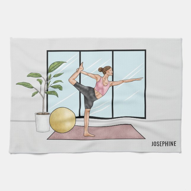 Dancer's Pose Yoga Natarajasana Personalised Name Tea Towel (Horizontal)