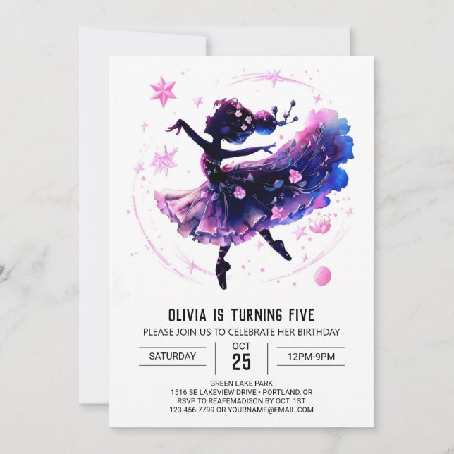 Dancer's Printable Ballerina Birthday Invitation (Front)