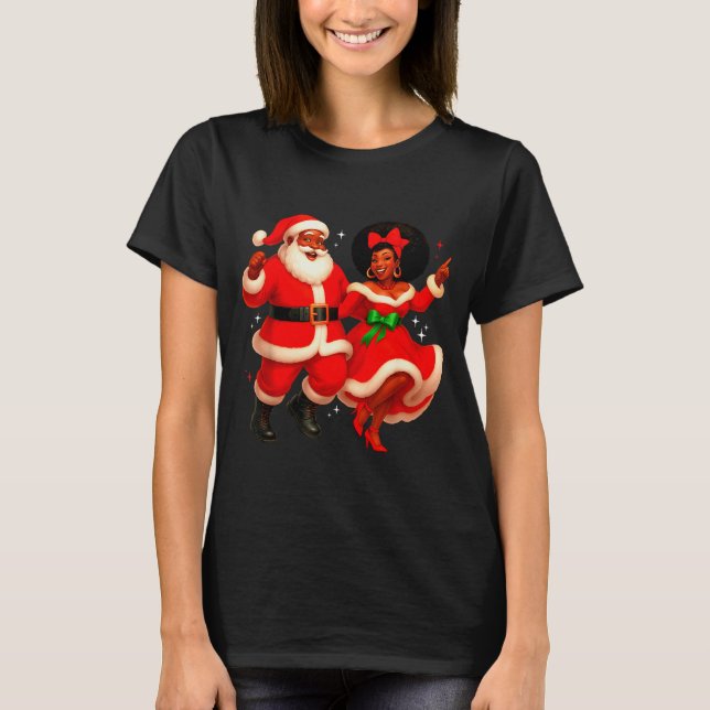 Dancing African Santa Mr Mrs Claus African America T-Shirt (Front)