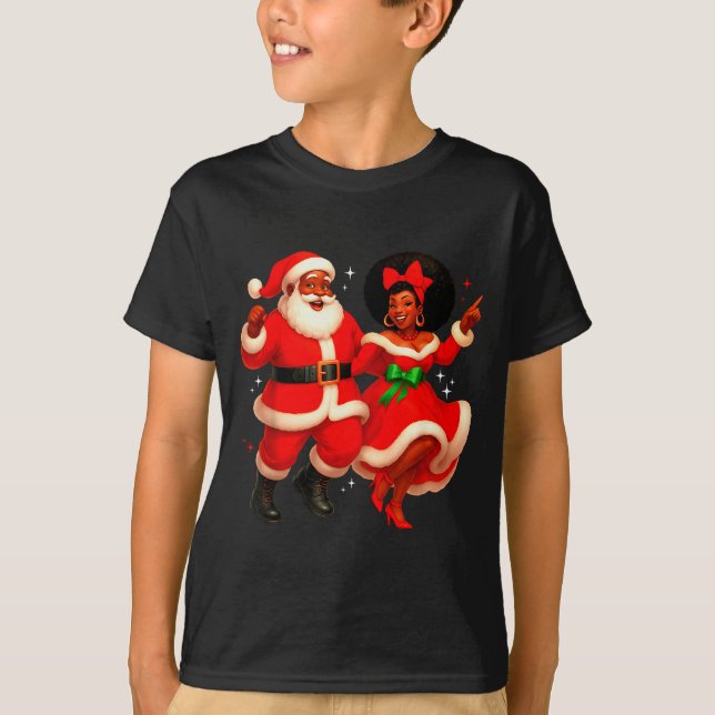 Dancing African Santa Mr Mrs Claus African America T-Shirt (Front)