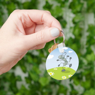 Dancing Ant on Grass with Flowers Key Ring