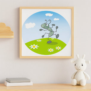 Dancing Ant on Grass with Flowers Poster