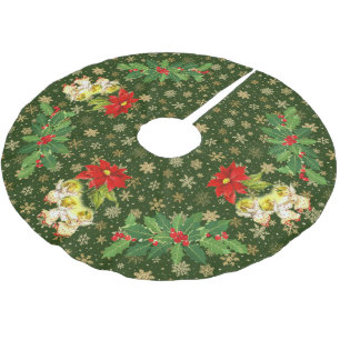 Dancing Baby Angels on Green with Gold Snowflakes Brushed Polyester Tree Skirt