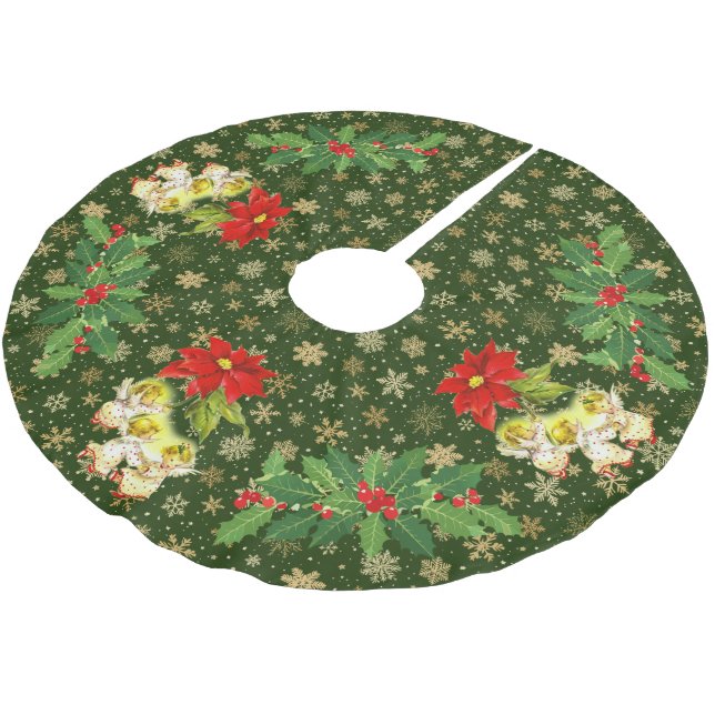 Dancing Baby Angels on Green with Gold Snowflakes Brushed Polyester Tree Skirt (Angled)