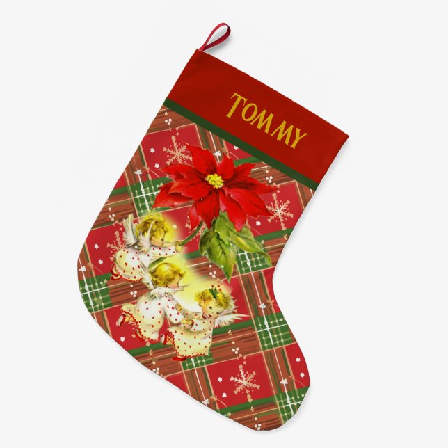 Dancing Baby Angels on Red Green Plaid Large Christmas Stocking (Front (Hanging))