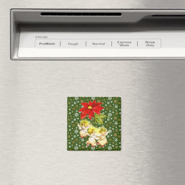Dancing Baby Angels with Snowflakes on Green Magnet (In Situ (Dishwasher))