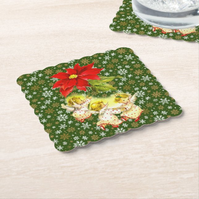 Dancing Baby Angels with Snowflakes on Green Paper Coaster (Angled)