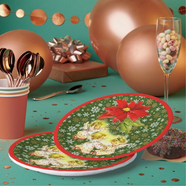 Dancing Baby Angels with Snowflakes on Green Paper Plate (Multi)