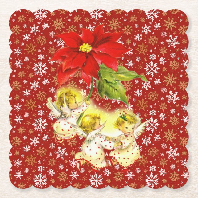 Dancing Baby Angels with Snowflakes on Red Paper Coaster (Front)
