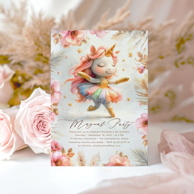 Dancing Ballerina Unicorn Birthday Invitations (Dancing Unicorn Girl's Birthday Invitations)