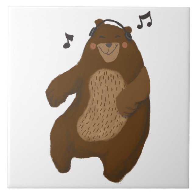 Dancing Bear Headphones Music Notes Whimsical Tile (Front)