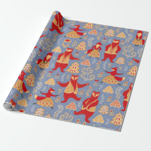 Dancing bears and foxes in a magical forest seamle wrapping paper