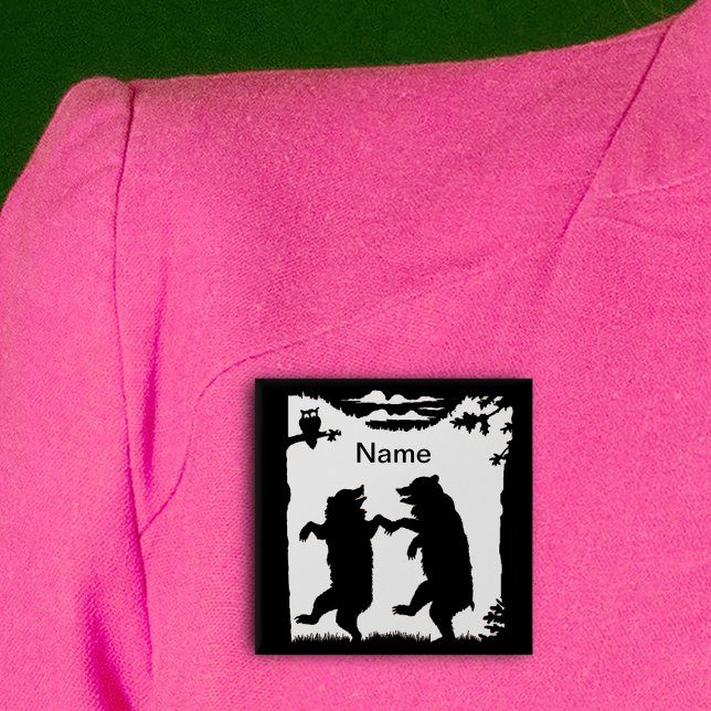 Dancing Bears Black Silhouette 15 Cm Square Badge (Two bears black silhouette dancing under trees owl in black white square pin back button.)