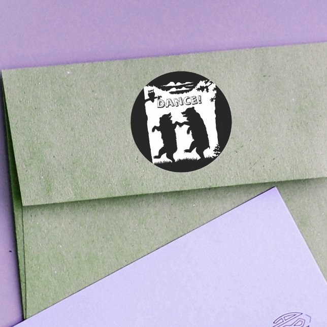 Dancing Bears Black Silhouette Classic Round Sticker (Two dancing black bears under trees in grass owl on black and white round stickers.)