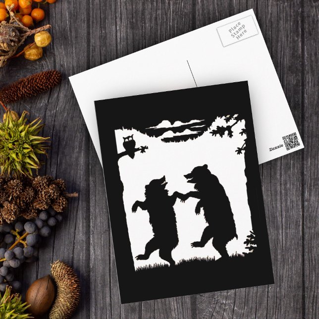 Dancing Bears Black Silhouette Postcard (Two black silhouette dancing bears in woods owl in tree on postcard.)