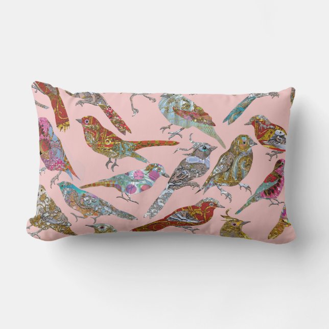 Dancing Birds on Rose Quartz Lumbar Cushion (Front)