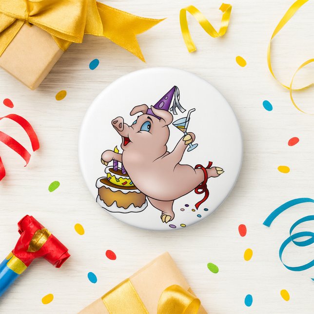 Dancing Birthday Party Pig with Cake and Cocktail 7.5 Cm Round Badge (Creator Uploaded)