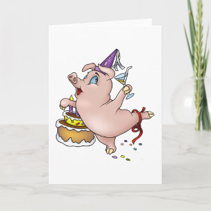 Dancing Birthday Party Pig with Cake and Cocktail Card