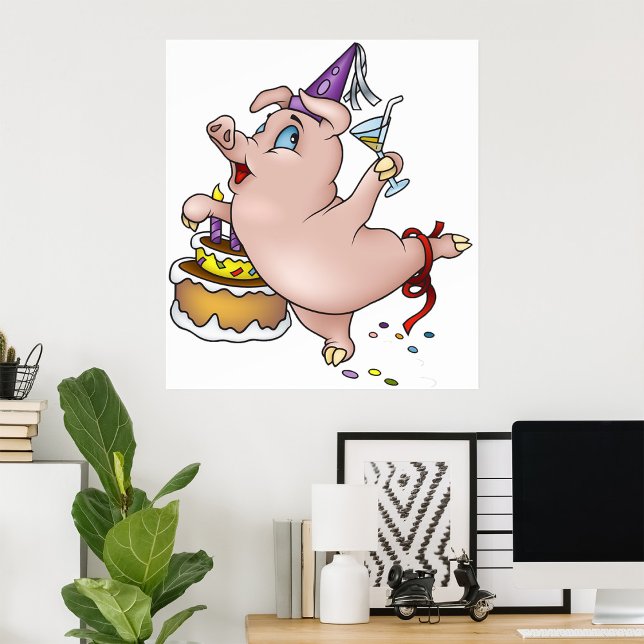 Dancing Birthday Party Pig with Cake and Cocktail Poster (Creator Uploaded)